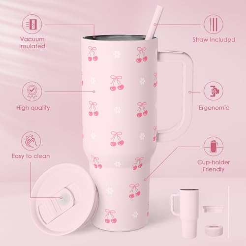 SANDJEST Cherry 40oz Slider Tumbler with Handle and Straw - Insulated Stainless Steel Travel Coffee Mug for Women Girls, Gift for Birthday Christmas - color: Cherry