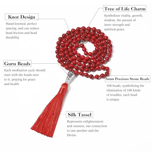 INBLUE 108 Mala Prayer Beads Wrap Necklace with Long Tassel Boho Necklace for Women Amazonite Bead Bracelet with Spiritual Tree of Life Pendant 108 Beads Necklace for Meditation - color: Natural Red Turquoise