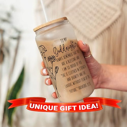 Generic Goddaughter Glass Tumbler, Goddaughter Gifts, Christian Gift, Confirmation Gift for Girl, Goddaughter Mug,Iced Coffee Cup with Lid and Straw, 16 oz