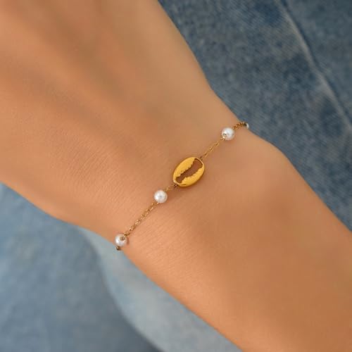 18K Gold Plated Pearl Bracelets for Women Dainty Waterproof - style: Crab Pearl-Gold