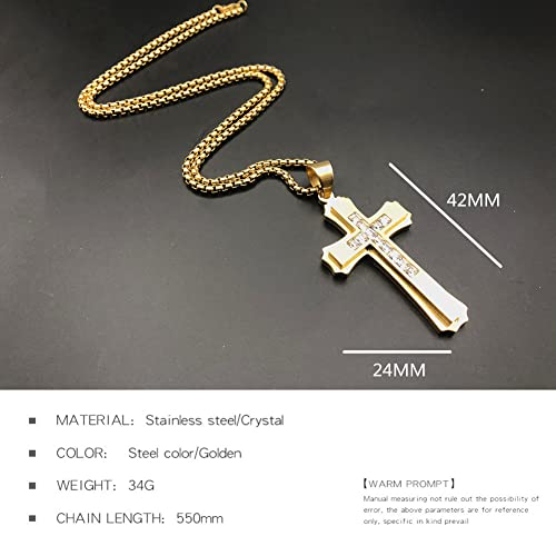 OLEVS Men's Cross Pendant Necklace Large Stainless Steel Cross Pendant Necklace for Men Women - color: gold crystal