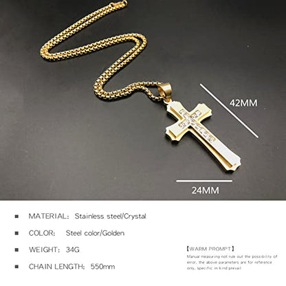 OLEVS Men's Cross Pendant Necklace Large Stainless Steel Cross Pendant Necklace for Men Women - color: gold crystal