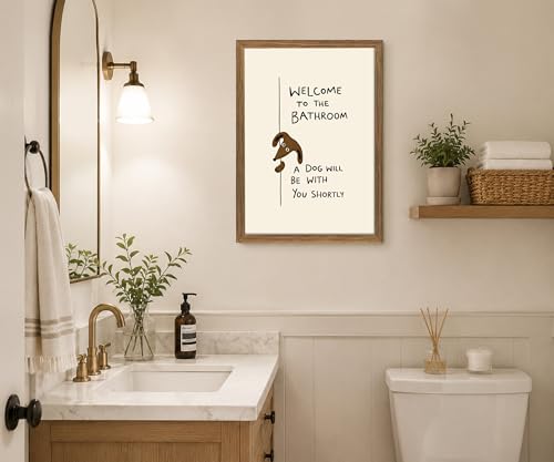Funny Dog Bathroom Wall Art, Framed Canvas Print 12x16 In - color: Cream, Brown, Black, Natural Wood, size: 12"L x 16"W