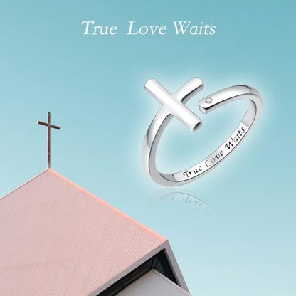 Sterling Silver Cross Rings for Women - Faith Inspirational Adjustable Rings Jewelry Gifts for Christian - style: Ture Love Waits