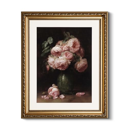 HUARCEY Vintage Rose Flower Gold Framed Canvas Wall Art 13x16 Inch - color: Eight Pink Roses, size: 16"L x 13"W