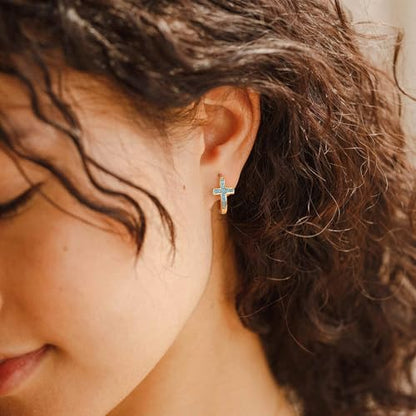 LOYATA Gold Cross Earrings for Women-14K Gold Plated Small Hoop Huggie Earrings Dainty Trendy CZ Cross Hoop Earring Cute Hypoallergenic Hoops Jewelry Gifts for Women Mothers Day Gifts for Mom - color: Turquoise