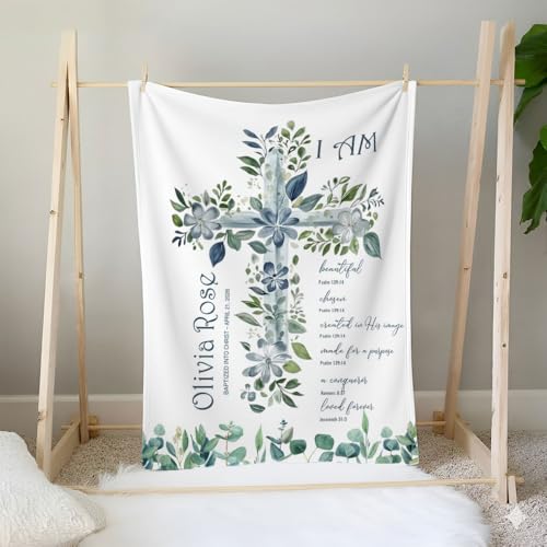 Personalized Baptism Blanket for Girl, Custom Blue Floral Cross Blanket, Christian Christening Gift, Catholic Scripture Baby Blankets, Baptized in Christ Throw, Goddaughter Keepsake - color: #Ver12
