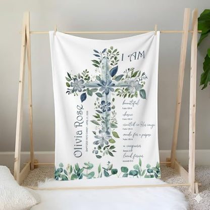 Personalized Baptism Blanket for Girl, Custom Blue Floral Cross Blanket, Christian Christening Gift, Catholic Scripture Baby Blankets, Baptized in Christ Throw, Goddaughter Keepsake - color: #Ver12