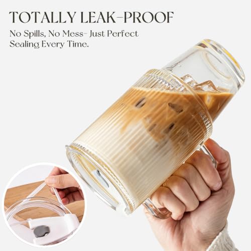 KEMORELA 24oz Ribbed Glass Cup with Lid & Straw,Iced Coffee Cup with Handle - color: 24oz--Ribbed