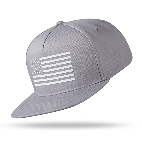 UALON Baseball Cap, Snapback Trucker Hat for Men & Women with American Flag and Adjustable, Breathable Mesh, Flat Bill Hats - color: Gray