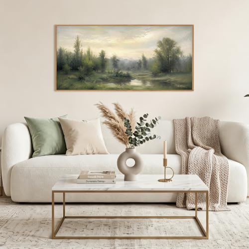 ANHUIB Abstract Monet Forest Canvas Wall Art 40x20 Inch Framed Sage Green Nature Painting Textured Neutral Woodland Landscape Artwork Prints Set of 3 Impressionist Pine Tree River Print for Living Room Bedroom Office - color: Abstract Monet Forest, size: