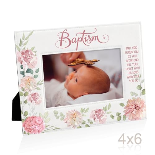 KATE POSH Baptism Picture Frame for Girl, Pink Flowers Decor, Christening, Religisous Gift, From Godparents, New Baby (4x6-Horizontal) - size: 4x6-Horizontal