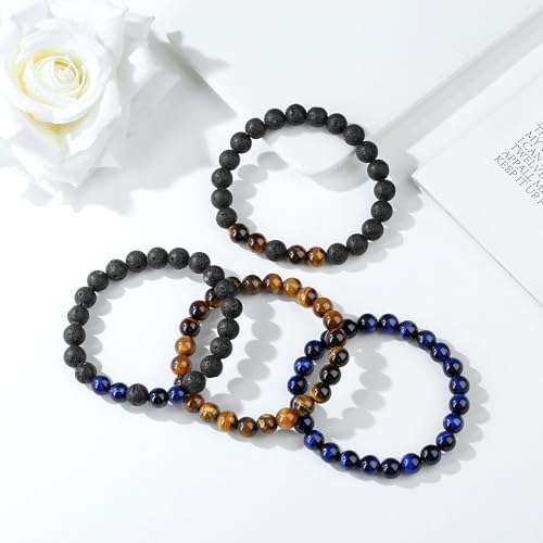 Mens Beaded Bracelets, 8MM Beaded Bracelets for Men, Natural Tiger Eye Bead Bracelet, Stretch Elastic Beads Bracelets for Men - color: 4 yellow volcanic blue tiger eye