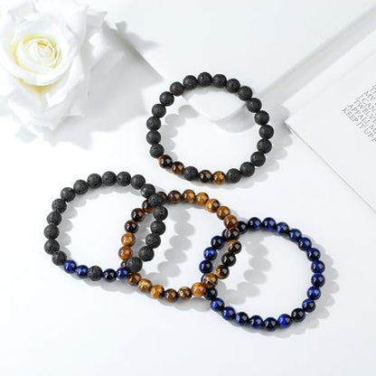 Mens Beaded Bracelets, 8MM Beaded Bracelets for Men, Natural Tiger Eye Bead Bracelet, Stretch Elastic Beads Bracelets for Men - color: 4 yellow volcanic blue tiger eye