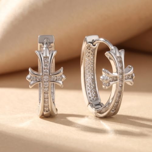 14K Gold Plated Cross Hoop Earrings for Women, Crystal Huggie Earrings, Elegant Faith Jewelry Gift - color: silver