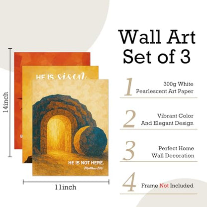 Set of 3 Poster Bible Verse Wall Art,Matthew 28:6 Christian Wall Decor - color: He is not Here He is Risen