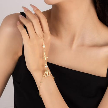 Gold Hand Chain Bracelets for Women, 18K Gold Plated Dainty Ring Bracelet Hand Chain Trendy Finger Ring Bracelet Hand Chains Jewelry Gifts for Women - color: Gold