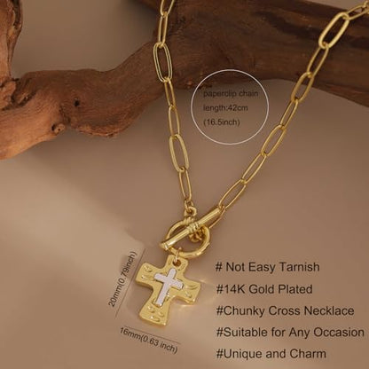 Chunky Cross Necklace for Women, 14K Gold Plated/Silver Statement Cross Pendant Necklace Simple Chunky Charm Necklace Big Gold Necklaces for Women Trendy Faith Jewelry Gifts - color: Chunky Cross GD