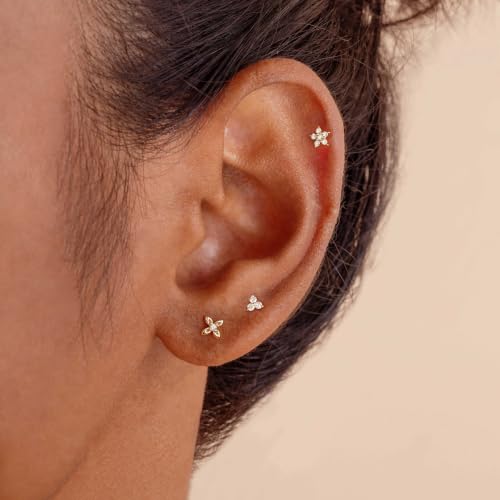 Flat Back Earrings - 14K Gold Plated Tiny CZ Butterfly Cross Moon Flat Back Stud Earrings Dainty Cartilage Earring Set Hypoallergenic Helix Earrings for Women Trendy Tragus Piercing Jewelry - color: Gold-Set1