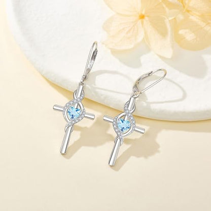 ONEFINITY Cross Earrings for Women 925 Sterling Silver Cross Birthstone Dangle Drop Earrings Infinity Cross Religious Jewelry Gifts for Women - color: 03-Mar-Created Aquamarine