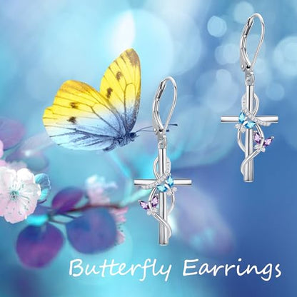 Flower Cross Earrings 925 Sterling Silver Daisy Butterfly Lily Violet Mushroom Dangle Drop Earrings Birth Flower Jewelry for Women Birthday Christmas Gifts - style: Butterfly Cross