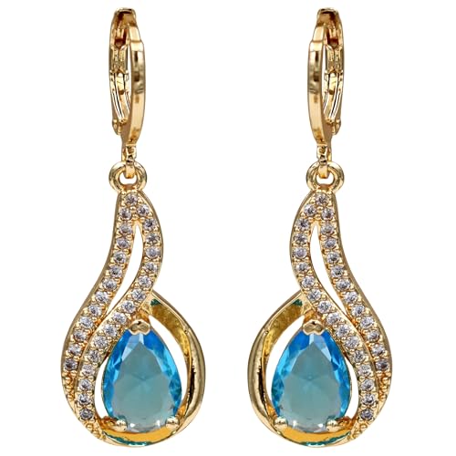 18K Gold Plated, Dangle Earrings for Women, Flower/Heart Drop earrings, Hypoallergenic Cubic Zirconia Earrings, Lightweight, Party, gold earrings, Jewelry for Gifts, Fashion - style: 0833-Blue
