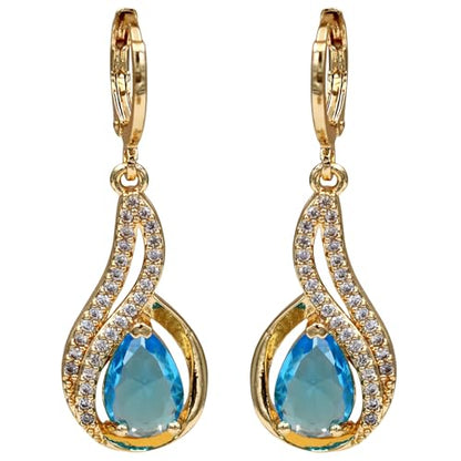 18K Gold Plated, Dangle Earrings for Women, Flower/Heart Drop earrings, Hypoallergenic Cubic Zirconia Earrings, Lightweight, Party, gold earrings, Jewelry for Gifts, Fashion - style: 0833-Blue