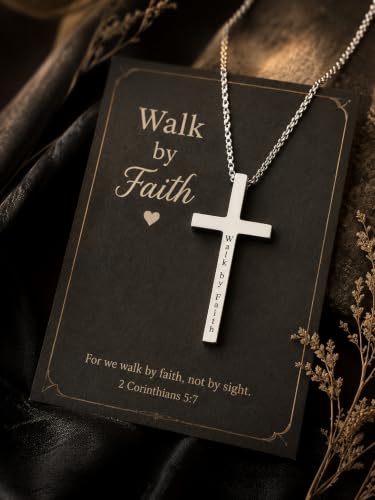 Engraved Cross Necklace for Men, Women & Boys & Girls Cross Necklace, Stainless Steel Cross Pendant Necklace, Faith & Inspiration Christian Jewelry Gift - color: Walk by Faith