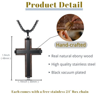 Wooden Cross Necklace for Men, Real Ebony Mens Cross Necklaces Black Stainless Steel Christian Christian Gifts for Men Wood Crucifix Pendant, with Necklace 24" Round Box Chain