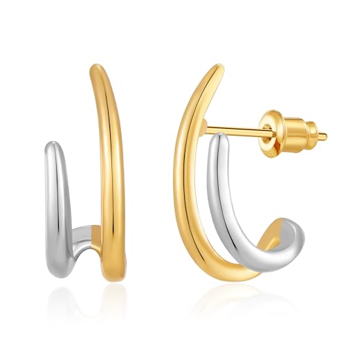Small Two Tone Stud Earrings for Women Trendy Gold and Silver Minimalist Cross Earring Dainty Earrings Mixed Metal Jewelry Gifts for Daily Wear，3 Styles - style: Minimalist Studs-2