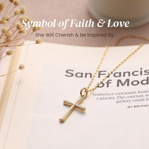 GAVU Catholic Confirmation Gifts, 18K Gold Plated Stainless Steel Cross Necklace, Dainty Cross Charm Necklace