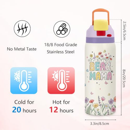 Bear 32oz Insulated Water Bottle, Gift for Mom, Handle and 2-in-1 Lid, 1PCS - color: MamaBear-White