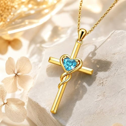 Birthstone Cross Necklace for Women 14K Gold Plated Heart Infinity Cross Pendant Necklace Christian Religious Jewelry Anniversary Birthday Gifts for Wife Mom Her - color: Mar/Aquamarine