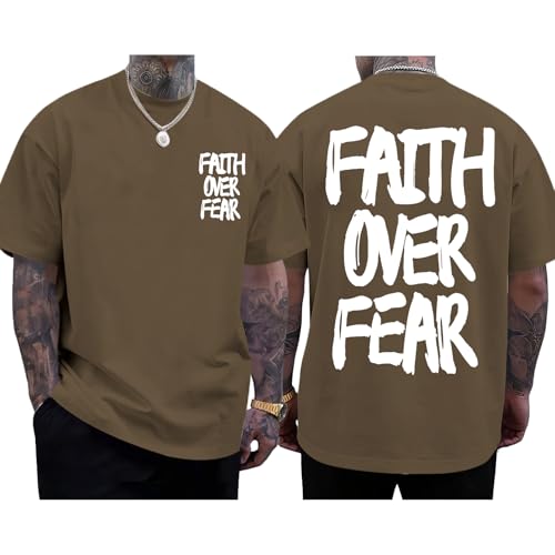 Christian Jesus Shirts for Men Faith Over Fear Shirt God Religious Bible Verse Inspirational Oversized Graphic Tees - color: Brown, size: Small