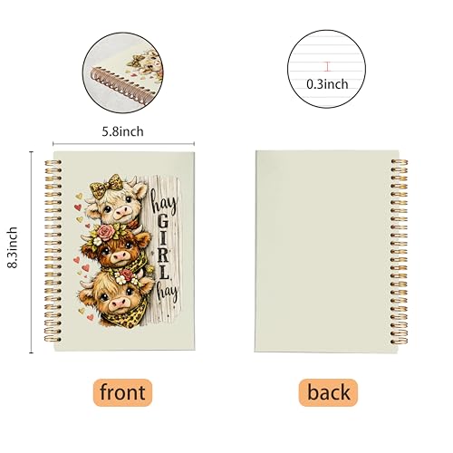 VNWEK Coquette Leopard Highland Cow Spiral Notebook Journal 5.5x8.3 Inch, Highland Cow Gifts for Women Journal, Farmhouse Floral Cute Heifer Lined Hardcover Spiral Notebook - color: Leopard Highland Cow