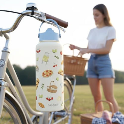 SANDJEST Picnic Gift for Women, Water Bottle Stainless Steel 32oz with Lid & Straw, Summer Vibe Insulated Bottles Gifts for Girls Friends Teens Birthday Christmas - color: Picnic