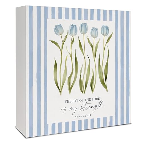 Blue Tulip Floral Christian Wooden Box Sign, Christian Home Room Decor, Nehemiah 8:18 Bible Verses Scripture Religious Wood Signs for Home Room Apartment Desk Table Shelf, 5x5 Inch - color: Nehemiah 8:18