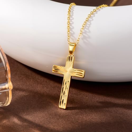 14k Gold Cross Necklace Women Elegent Gold Cross Pendant Necklace Dainty Faith Religious Necklace Jewelry Gift, 18 inches Chain, Gift Box