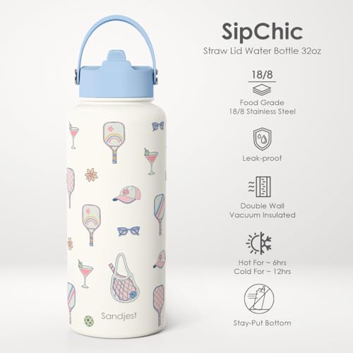 SANDJEST Pickleball Gift for Women, Water Bottle Stainless Steel 32oz with Lid & Straw, Sport Insulated Bottles Gifts for Girls Friends Teens Birthday Christmas - color: Pickleball 1