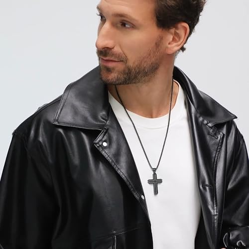 Wooden Cross Necklace for Men, Natural Ebony Mens Cross Necklaces Black Stainless Steel Christian Wood Crucifix Pendant，with Necklace 24" Box Chain - color: Black-Inlaid Ebony
