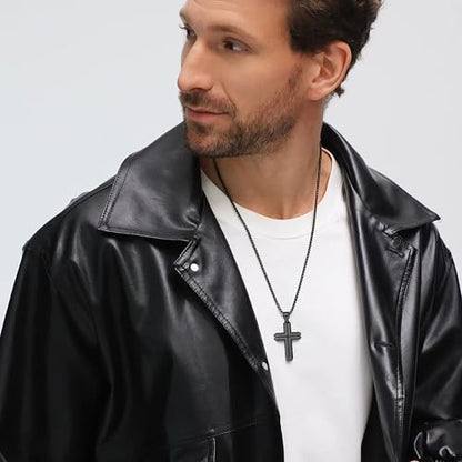 Wooden Cross Necklace for Men, Natural Ebony Mens Cross Necklaces Black Stainless Steel Christian Wood Crucifix Pendant，with Necklace 24" Box Chain - color: Black-Inlaid Ebony