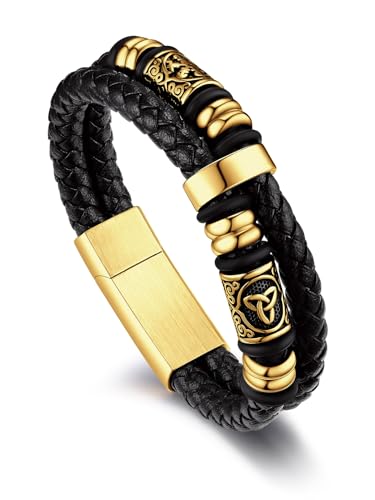 Bandmax Men's Black Double Wax Rope Bracelet Waterproof Stainless Steel Norse Style Celtic Knot Beads Wristband 7-9 Inch Gift for Men Father Husband Son Grandson - color: 03 Gold Tone, size: 9.8 Inches (25cm)