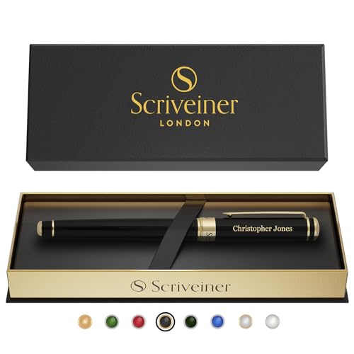 Scriveiner Personalized Black Rollerball Pen - Stunning Luxury Pen, Jet Black Lacquer & Real Gold Plating, Schmidt Ink Refill, Best Engraved Roller Ball Gift for Men & Women, Custom Name Engraving - color: Black with Gold (Personalized)