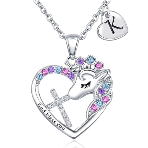 Easter Basket Stuffers - Easter Gifts for Girls Kids,Cross Unicorn Necklaces with Initial for Teen Girls Kids Daughter Granddaughter Birthday Christian Religious Gifts 16+3 Inches - style: K