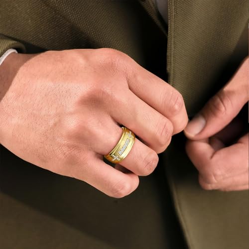 Mens Wedding Band, 18K Gold Plated Rings Non Tarnish Promise Rings For Him Lord's Prayer Cross Ring Father in Law Gifts Round Cut Anniversary Engagement Size 7-14 - size: 9