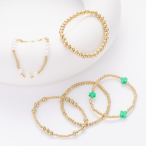 Gold Beaded Pearl Cross Bracelets Stackable Christian Stretch Jewelry Set - color: Green