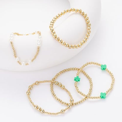 Gold Beaded Pearl Cross Bracelets Stackable Christian Stretch Jewelry Set - color: Green