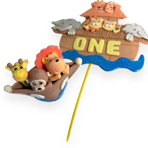 Noah's Ark Cake Toppers Set, Birthday Party, Baby Shower decoration, Animal theme party, Handmade, cute baby decor (Centerpiece "ONE" + 3D)