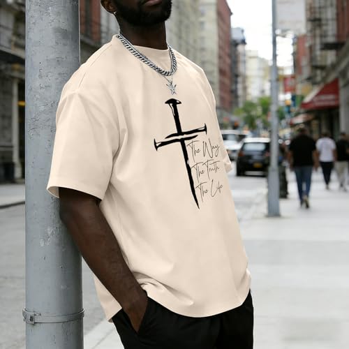 Christian Shirts for Men Faith Cross Shirt Jesus Religious Tshirts Bible Verse Inspirational Oversized Graphic Tees - color: Apricot, size: Small