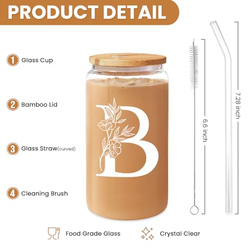 SANDJEST Monogrammed Gifts for Women - Monogram B Initial Glass Cup 16 Oz Can Coffee Cups with Lid and Straw - Monogram Initials Gifts for Womens on Birthday - color: Initial B